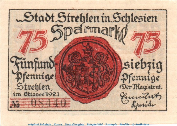 Notgeld Stadt Strehlen 1282.1.k , 75 Pfennig Amtsgericht -braun- in kfr. von 1921 , Schlesien Seriennotgeld