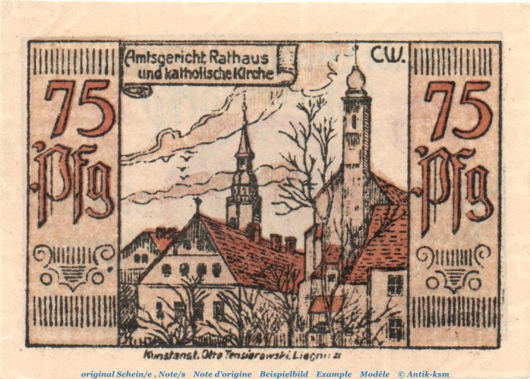 Notgeld Stadt Strehlen 1282.1.k , 75 Pfennig Amtsgericht -braun- in kfr. von 1921 , Schlesien Seriennotgeld