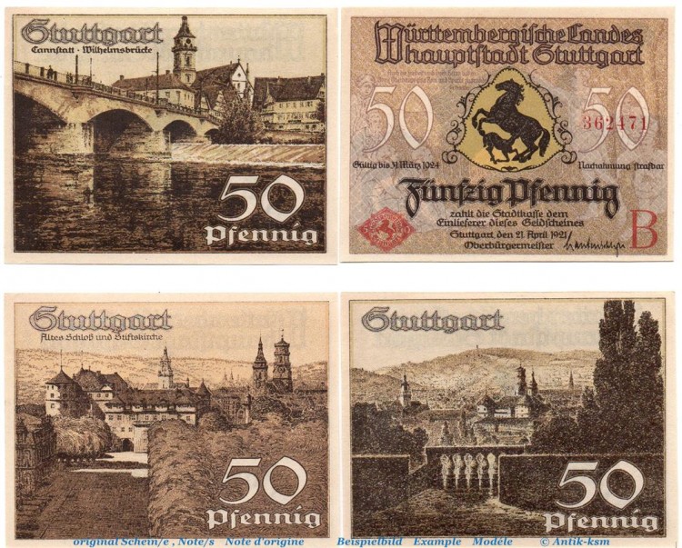 Notgeld Stadt Stuttgart 1289.1 , Set mit 4 Scheinen in kfr. von 1921 , Baden Württemberg Seriennotgeld