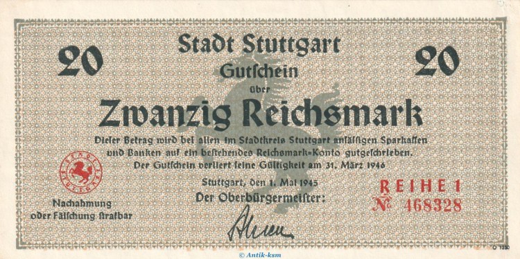 Notgeld Stadt Stuttgart , 20 Reichsmark Schein in kfr. von 1945 , Württemberg Notgeld 1945-48