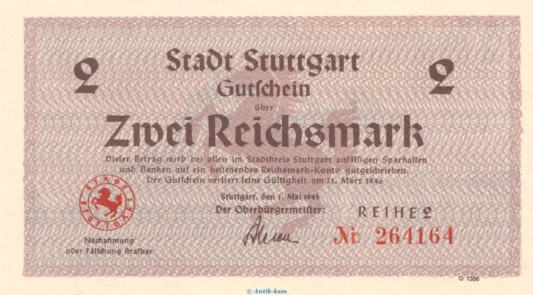 Notgeld Stadt Stuttgart , 2 Reichsmark Schein in kfr. von 1945 , Württemberg Notgeld 1945-48