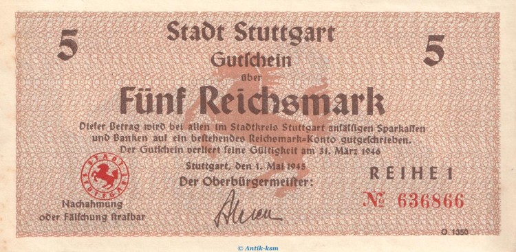 Notgeld Stadt Stuttgart , 5 Reichsmark Schein in kfr. von 1945 , Württemberg Notgeld 1945-48