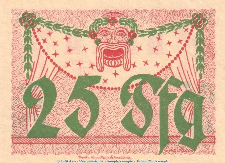 Notgeld Stadttheater Schweidnitz 1210.1.a , 25 Pfennig Schein in kfr. o.D. Schlesien Seriennotgeld