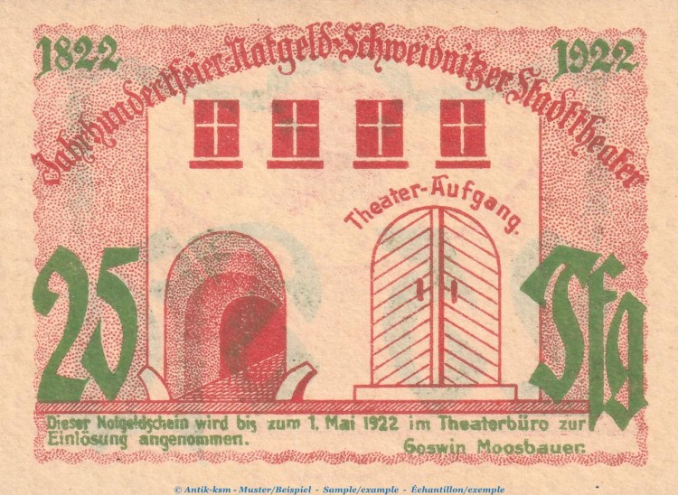 Notgeld Stadttheater Schweidnitz 1210.1.a , 25 Pfennig Schein in kfr. o.D. Schlesien Seriennotgeld