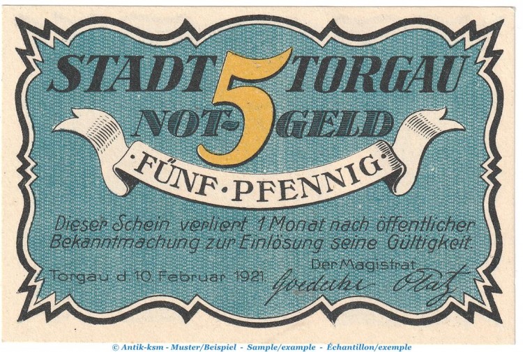 Notgeld Stadt Torgau 1331.1 , 5 Pfennig Schein -dunkelblau- in kfr. von 1921 , Sachsen Seriennotgeld