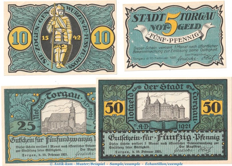 Notgeld Stadt Torgau 1331.2 , Set mit 4 Scheinen -blaugrün- in kfr. von 1921 , Sachsen Seriennotgeld