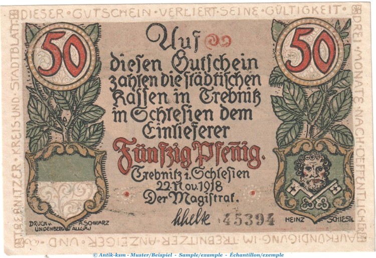 Notgeld Stadt Trebnitz , 50 Pfennig Schein in kfr. Tieste 7400.15.21 von 1918 , Schlesien Verkehrsausgabe