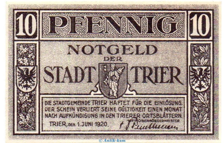 Notgeld Stadt Trier , 10 Pfennig braun in kfr. o.D. Tieste 7455.10.30 , Rheinland Verkehrsausgabe