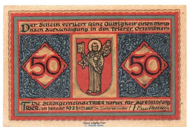 Notgeld Stadt Trier , 50 Pfennig Schein in kfr. von 1921 Tieste 7455.10.35 , Rheinland Verkehrsausgabe