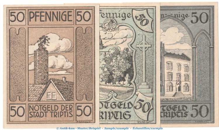 Notgeld Stadt Triptis 1346.1 , Set mit 3 Scheinen in kfr. von 1921 , Thüringen Seriennotgeld