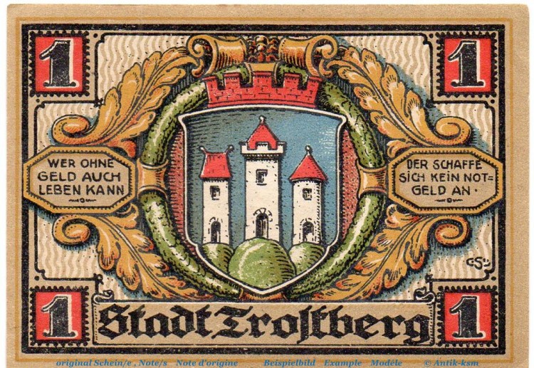 Notgeld Stadt Trostberg 1348.2 , 1 Mark Schein in kfr. von 1920 , Bayern  Seriennotgeld