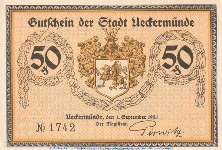 Notgeld Stadt Ueckermünde 1350.1 , 50 Pfennig Schein Nr.1 in kfr. von 1921 , Mecklenburg Vorpommern Seriennotgeld