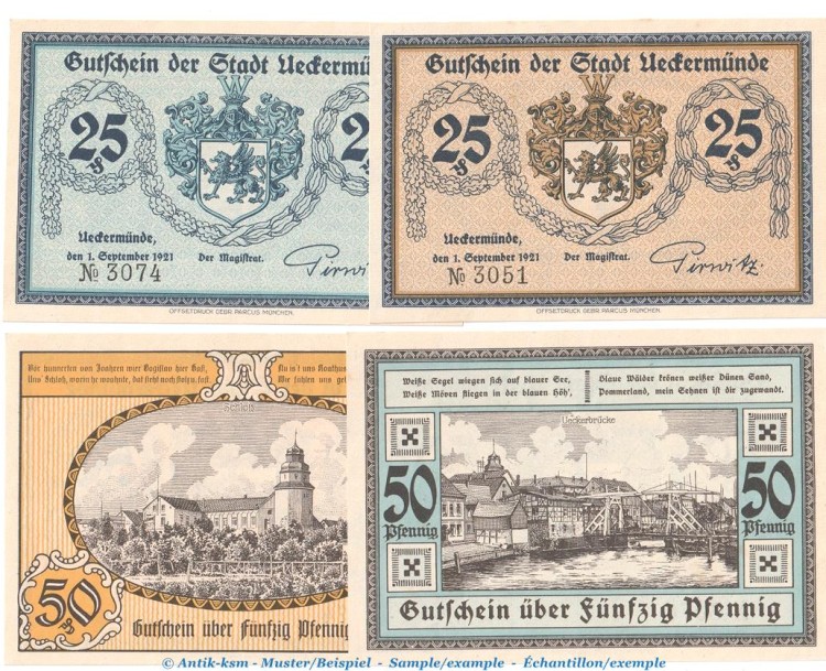 Notgeld Stadt Ueckermünde 1350.1 , Set mit 4 Scheinen in kfr. von 1921 , Mecklenburg Vorpommern Seriennotgeld