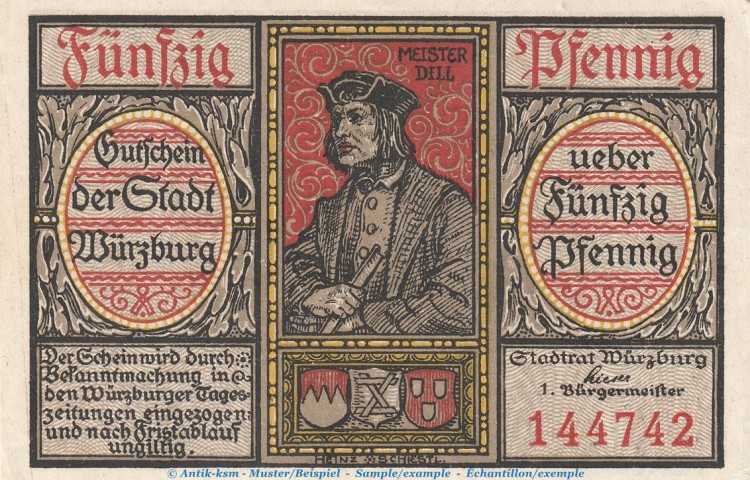 Notgeld Stadt Würzburg , 50 Pfennig Schein in kfr. Tieste 8130.05.40-45 o.D. Bayern Verkehrsausgabe