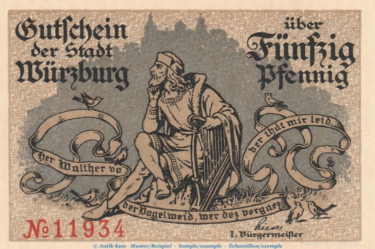 Notgeld Stadt Würzburg , 50 Pfennig Schein KN-5 in kfr. Tieste 8130.05.35 o.D. Bayern Verkehrsausgabe