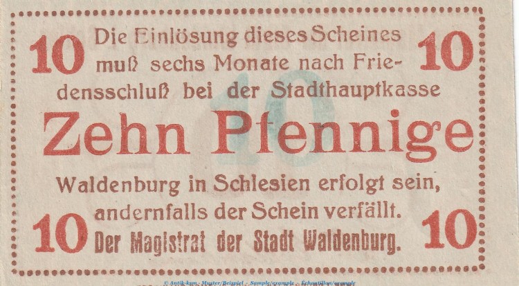 Notgeld Stadt Waldenburg 7660.15.010 , 10 Pfennig Schein in kfr. o.D. Schlesien Verkehrsausgabe