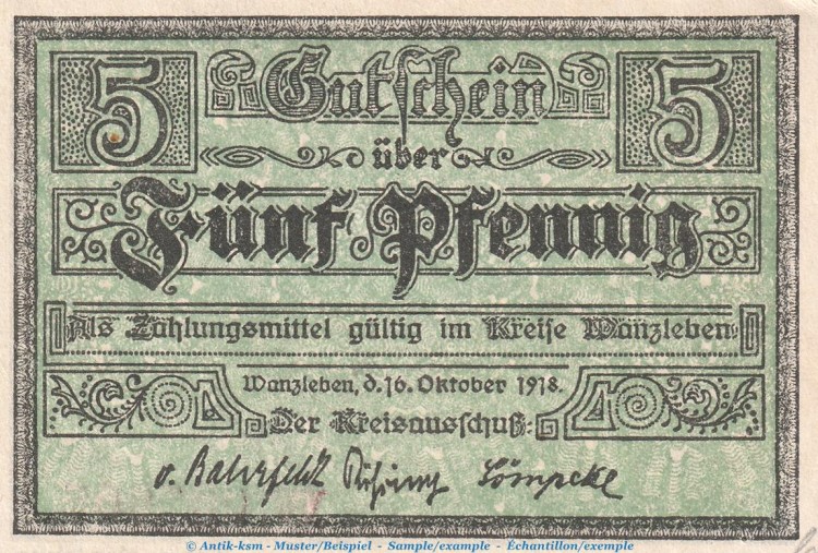 Notgeld Stadt Wanzleben , 5 Pfennig Schein in kfr. Tieste 7710.05.05 von 1918 , Sachsen Anhalt Verkehrsausgabe