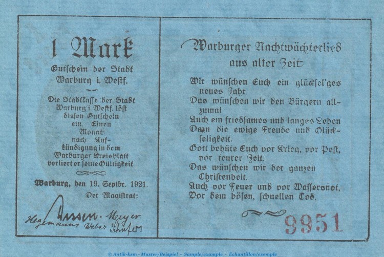 Notgeld Stadt Warburg 1376.1.a , 1 Mark Schein in kfr. von 1921 , Westfalen Seriennotgeld