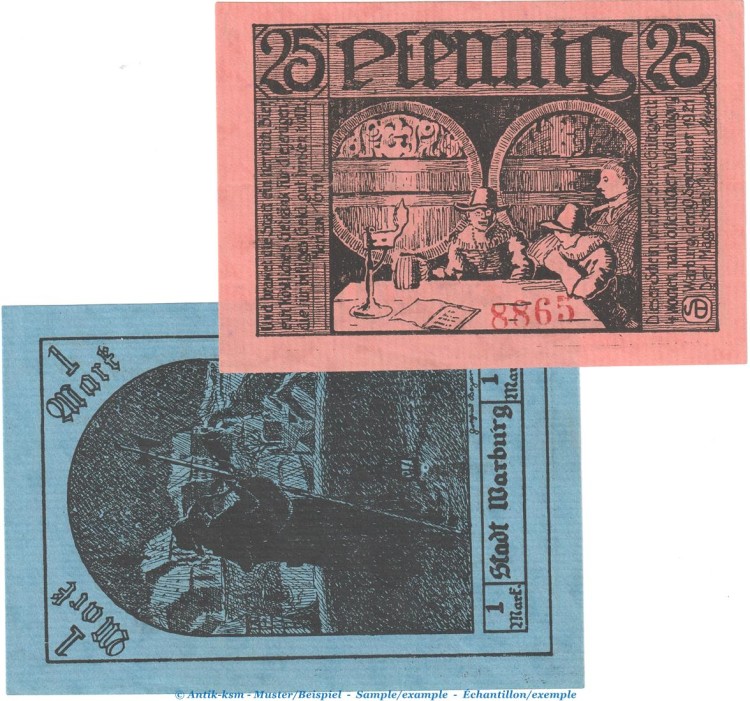 Notgeld Stadt Warburg 1376.1.a , Set mit 2 Scheinen in kfr. von 1921 , Westfalen Seriennotgeld