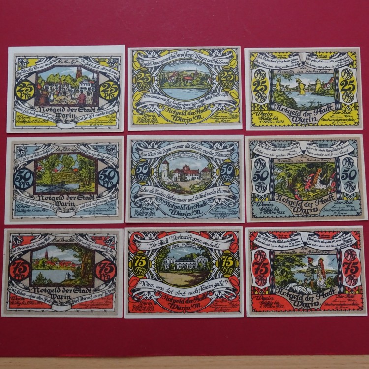 Notgeld Stadt Warin 1378.1.a-b , Set mit 9 Scheinen in kfr. mit Druckfehler , Mecklenburg Vorpommern Seriennotgeld