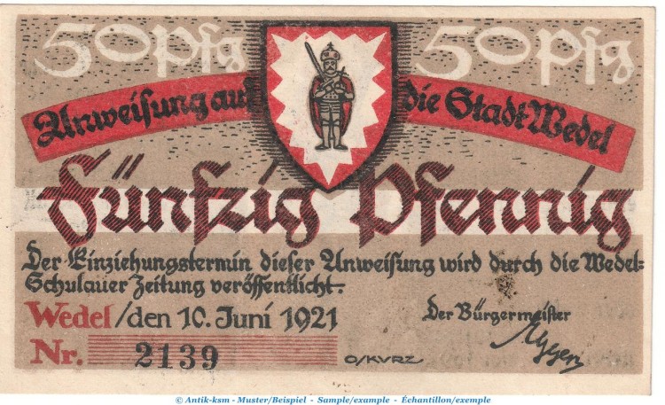 Notgeld Stadt Wedel 1387.1.F , 50 Pfennig -Fehldruck- in kfr. von 1921 , Schleswig Holstein Seriennotgeld