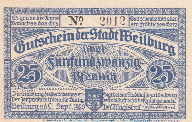 Notgeld Stadt Weilburg , 25 Pfennig Schein in kfr. Tieste 7770.05.26 von 1920 , Hessen Verkehrsausgabe