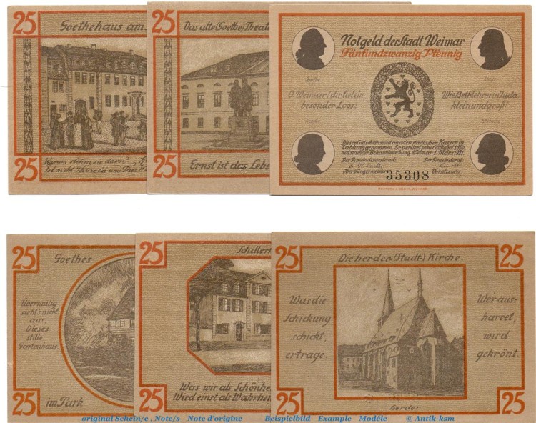 Notgeld Stadt Weimar 1398.1.a , Set mit 6 Scheinen in kfr. von 1921 , Thüringen Seriennotgeld
