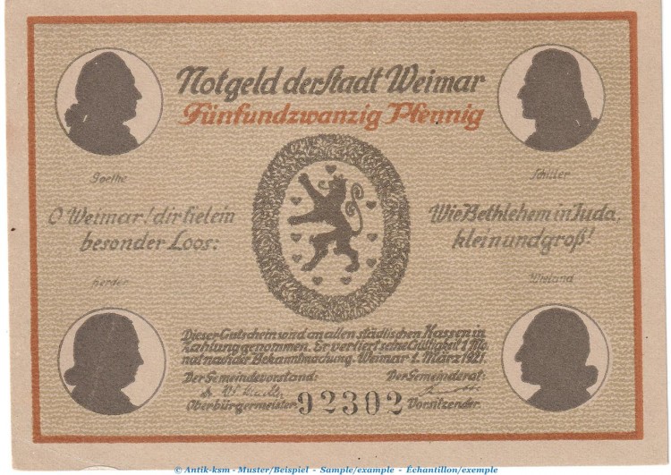 Notgeld Stadt Weimar 1398.3.a , 25 Pfennig Schein Nr.4 in kfr. von 1921 , Thüringen Seriennotgeld