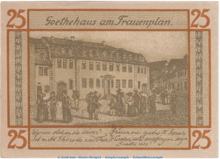 Notgeld Stadt Weimar 1398.3.a , 25 Pfennig Schein Nr.4 in kfr. von 1921 , Thüringen Seriennotgeld