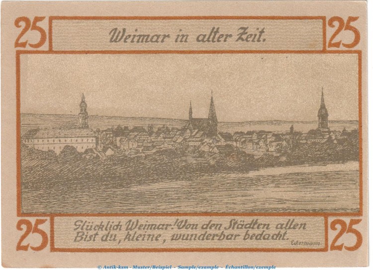 Notgeld Stadt Weimar 1398.3.a , 25 Pfennig Schein Nr.5 in kfr. von 1921 , Thüringen Seriennotgeld