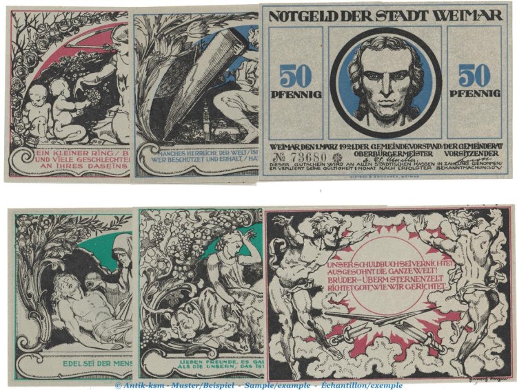 Notgeld Stadt Weimar 1398.5 , Set mit 6 Scheinen in kfr. von 1921 ,  Thüringen Seriennotgeld