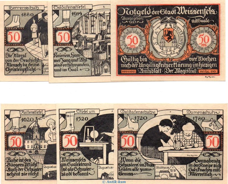 Notgeld Stadt Weissenfels 1403.2 , Set mit 6 Scheinen in kfr. o.D. Sachsen Anhalt Seriennotgeld