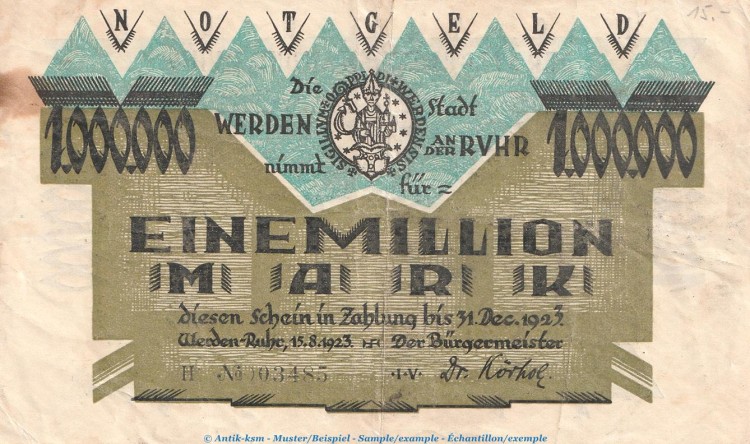 Notgeld Stadt Werden , 1 Million Mark Schein in gbr. nicht in Keller , von 1923 , Rheinland Inflation