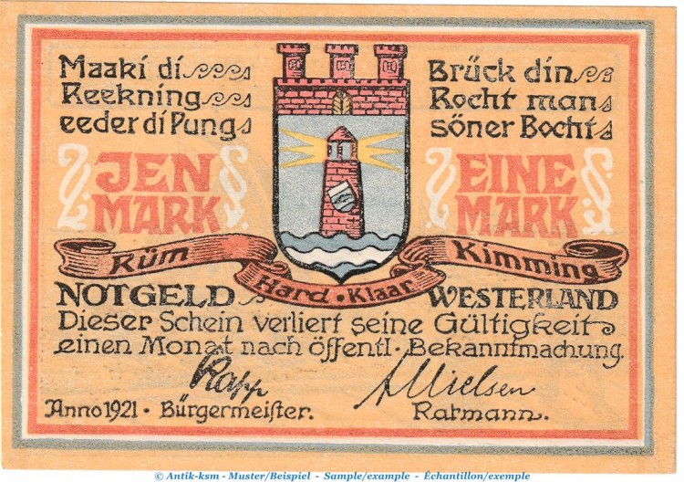 Notgeld Stadt Westerland 1418.2.c , 1 Mark --o.Drfa-- in kfr. von 1921 , Schleswig Holstein Seriennotgeld
