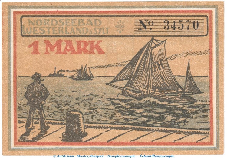Notgeld Stadt Westerland 1418.2.c , 1 Mark --o.Drfa-- in kfr. von 1921 , Schleswig Holstein Seriennotgeld