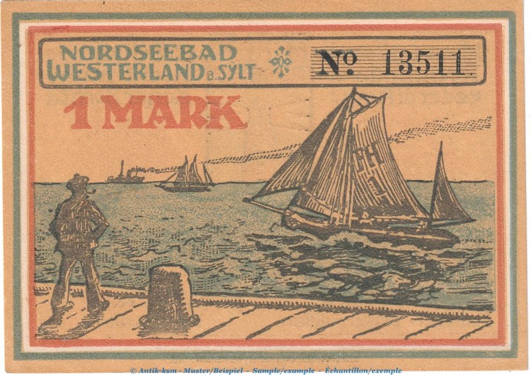Notgeld Stadt Westerland Sylt 1418.2 , 1 Mark Schein in kfr. von 1921 , Schleswig Holstein Seriennotgeld