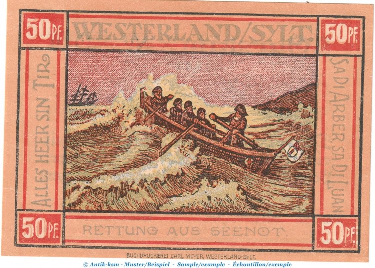 Notgeld Stadt Westerland Sylt 1418.2 , 50 Pfennig Schein in kfr. von 1921 , Schleswig Holstein Seriennotgeld