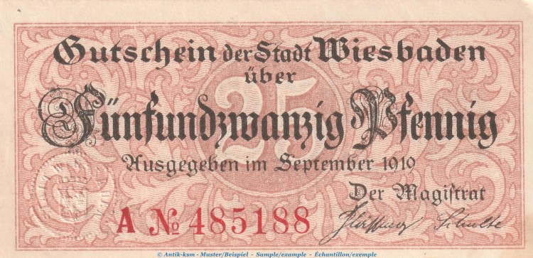Notgeld Stadt Wiebaden 25 Pfennig -Mäander- in kfr. Tieste 7915.05.30 von 1919 , Hessen Verkehrsausgabe