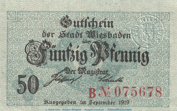 Notgeld Stadt Wiebaden 50 Pfennig -dkl.Kreuze- in kfr. Tieste 7915.05.41 von 1919 , Hessen Verkehrsausgabe