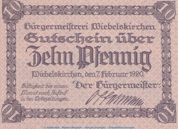 Notgeld Stadt Wiebelskirchen 7890.05.01 , 10 Pfennig -Schachtanlage- in kfr. von 1920 , Rheinland Verkehrsausgabe