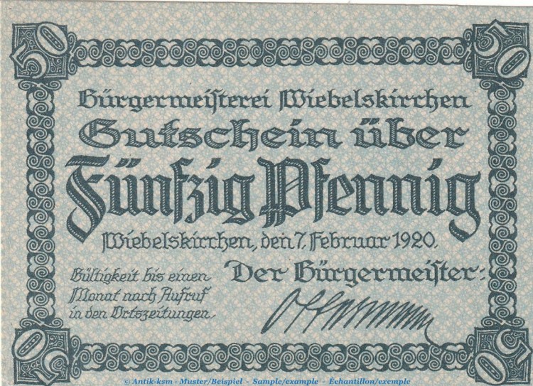 Notgeld Stadt Wiebelskirchen 7890.05.03 , 50 Pfennig -Schachtanlage- in kfr. von 1920 , Rheinland Verkehrsausgabe