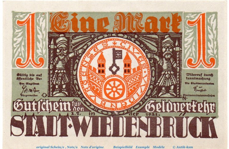 Notgeld Stadt Wiedenbrück 1423.1.b , 1 Mark Schein -CK- in kfr. von 1921 , Westfalen Seriennotgeld