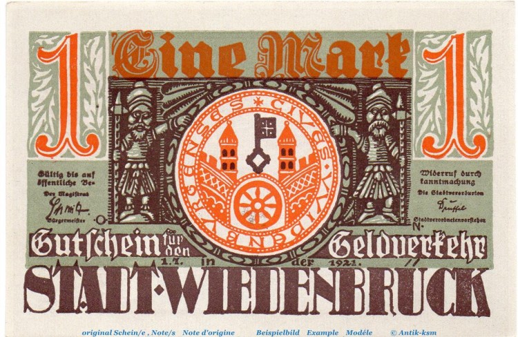 Notgeld Stadt Wiedenbrück 1423.1.b , 1 Mark Schein -IE- in kfr. von 1921 , Westfalen Seriennotgeld