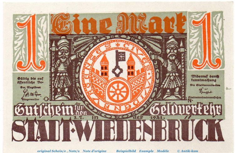 Notgeld Stadt Wiedenbrück 1423.1.b , 1 Mark Schein -RÜ- in kfr. von 1921 , Westfalen Seriennotgeld