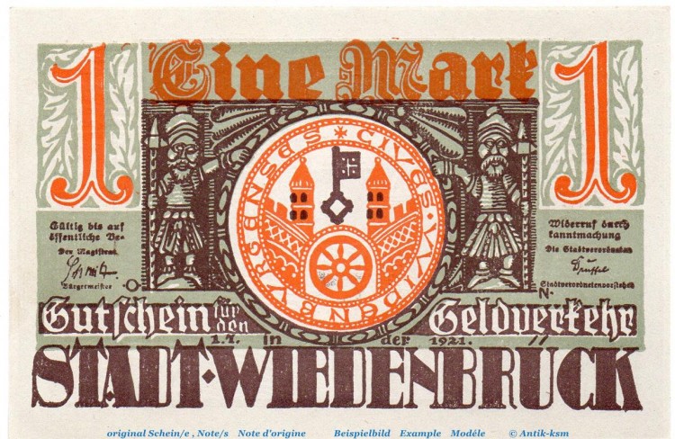 Notgeld Stadt Wiedenbrück 1423.1.b , 1 Mark Schein -W- in kfr. von 1921 , Westfalen Seriennotgeld