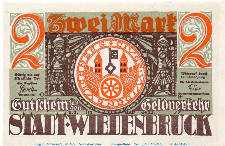Notgeld Stadt Wiedenbrück 1423.1.b , 2 Mark -CK- mit Drfa. in kfr. von 1921 , Westfalen Seriennotgeld