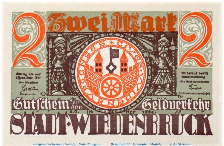 Notgeld Stadt Wiedenbrück 1423.1.b , 2 Mark -DE- mit Drfa. in kfr. von 1921 , Westfalen Seriennotgeld