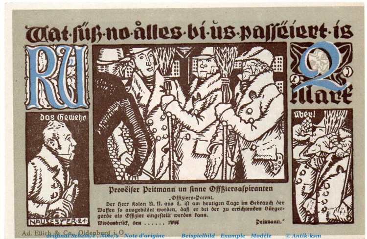 Notgeld Stadt Wiedenbrück 1423.1.b , 2 Mark -RÜ- mit Drfa. in kfr. von 1921 , Westfalen Seriennotgeld