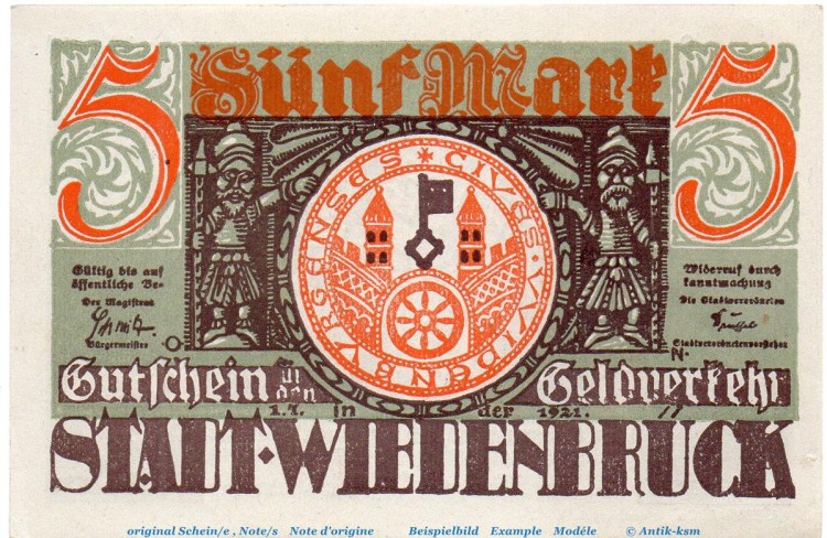 Notgeld Stadt Wiedenbrück 1423.1.b , 5 Mark -CK- mit Drfa. in kfr. von 1921 , Westfalen Seriennotgeld