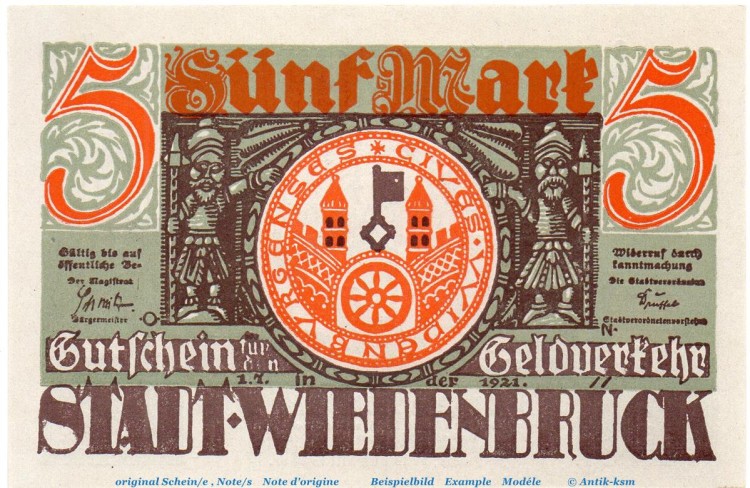 Notgeld Stadt Wiedenbrück 1423.1.b , 5 Mark -DE- mit Drfa. in kfr. von 1921 , Westfalen Seriennotgeld